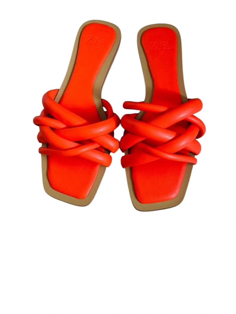 ZARA Orange Tubular Interlaced Strap Flat Slide Sandals | Square Toe - Picture 2 of 2